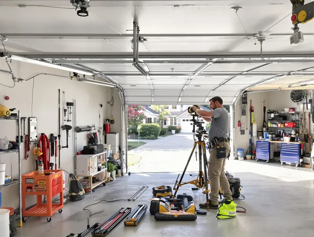 Clinton Garage Door Repair specialist performing laser-guided track alignment in Clinton